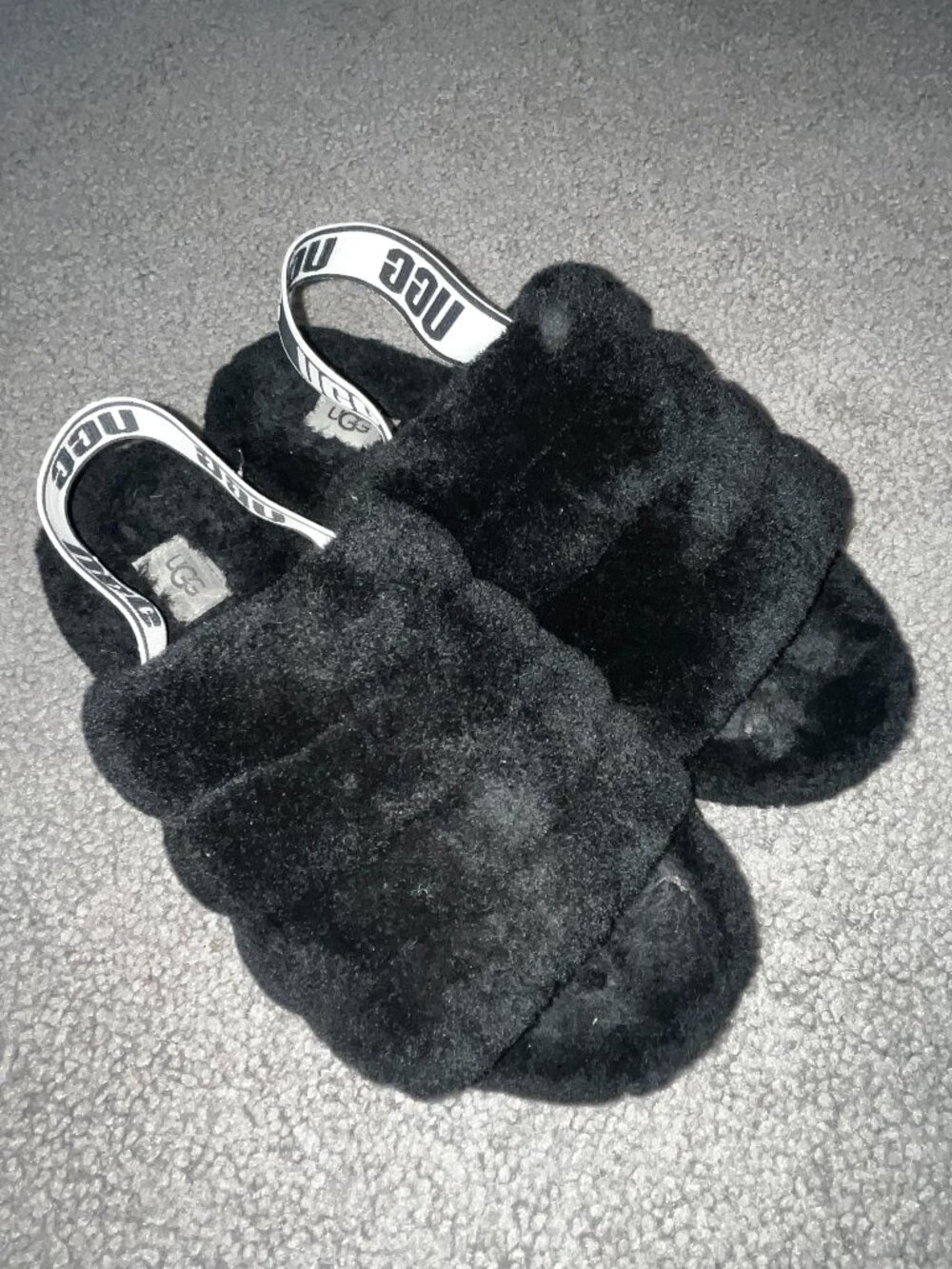 UGG Fluff Yeah Black Furry Slide Sandals with Elastic Logo Strap - EUC - Size 9